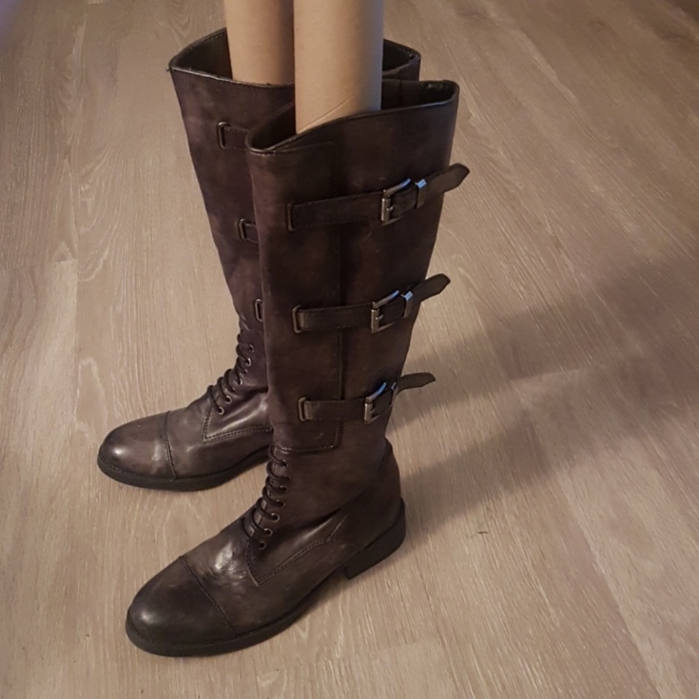 Vince Camuto grey taupe leather buckle lace boots
